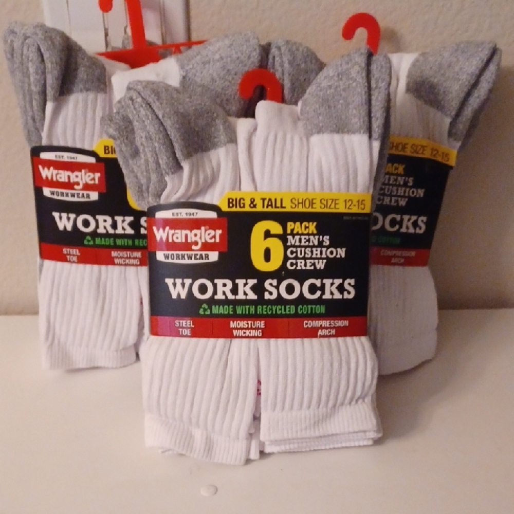 Wrangler Men Big And Tall Size 12-15 White Gray Work Socks  6 Pack 3 Packs New